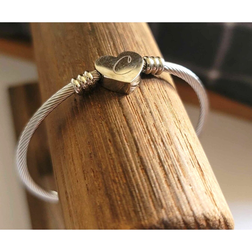 Cable Bracelet Heart with C Initial Silver Colored
